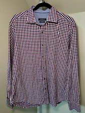 Bugatchi Mens Size L Navy Blue Red Plaid Dress Button Up Long Sleeve Shaped Fit