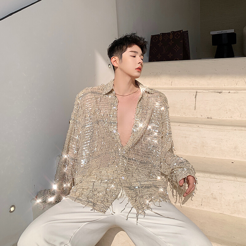 Hot Mens Casual Shirt Long Sleeves Tops Giltter Sequin Tassel Clubwear Party