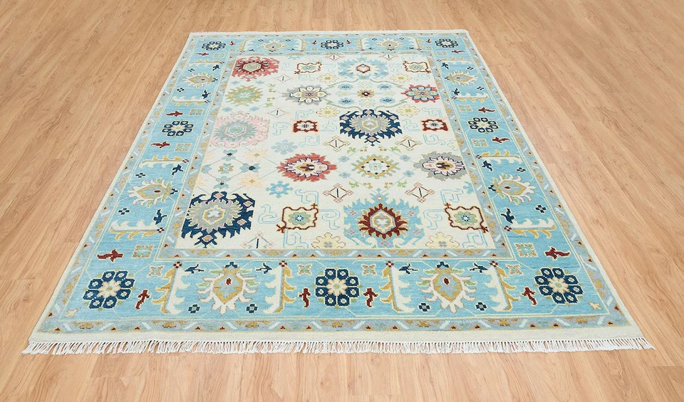 Ivory & Sky Blue Oushak Rug Hand-knotted Colorful Area Rug, Navy Accent Turkish - Image 4 of 4
