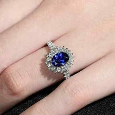 2.00CT Oval Cut Lab-Created Sapphire Halo Engagement Rings 14k White Gold Plated