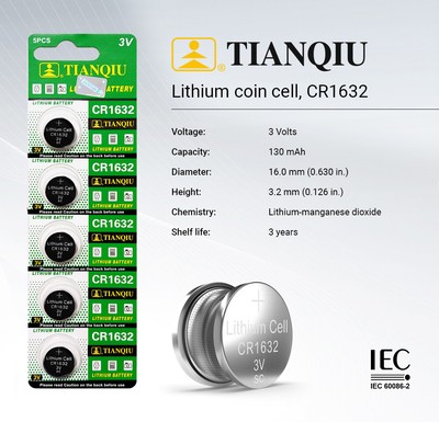 Tianqiu CR1632 Dl1632 ECR1632 3-Volt Lithium Button Cell Battery 