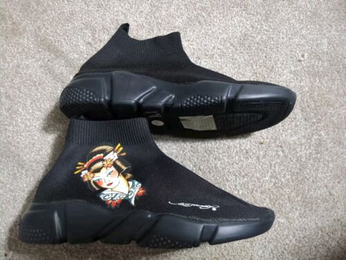 Authentic Ed Hardy Ladies Size 8.5 US Sock Sneakers Black Ankle Boots Geisha - Picture 2 of 9