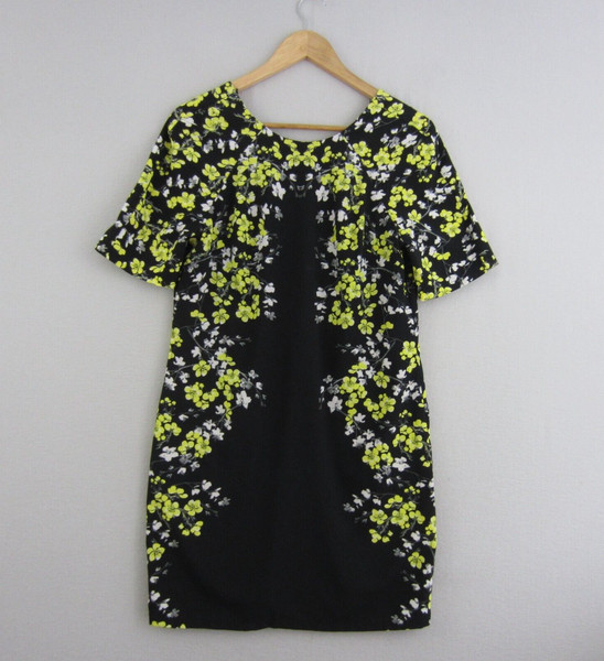 Tokito Dress Womens 10 Black Yellow White Floral Straight Shift Stretch Work
