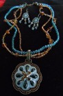 3-STRAND TEAL AMBER BROWN BEAD STARBURST MEDALLION PENDANT EARRING SET 18" — photo 1