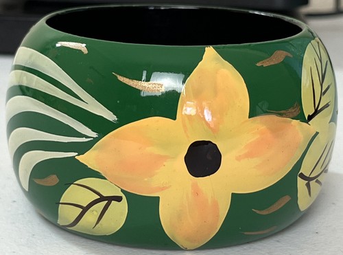 Vintage Wooden Bracelet 2” Wide Tribal Floral Design 2.5" Diameter BOHO - Picture 6 of 10