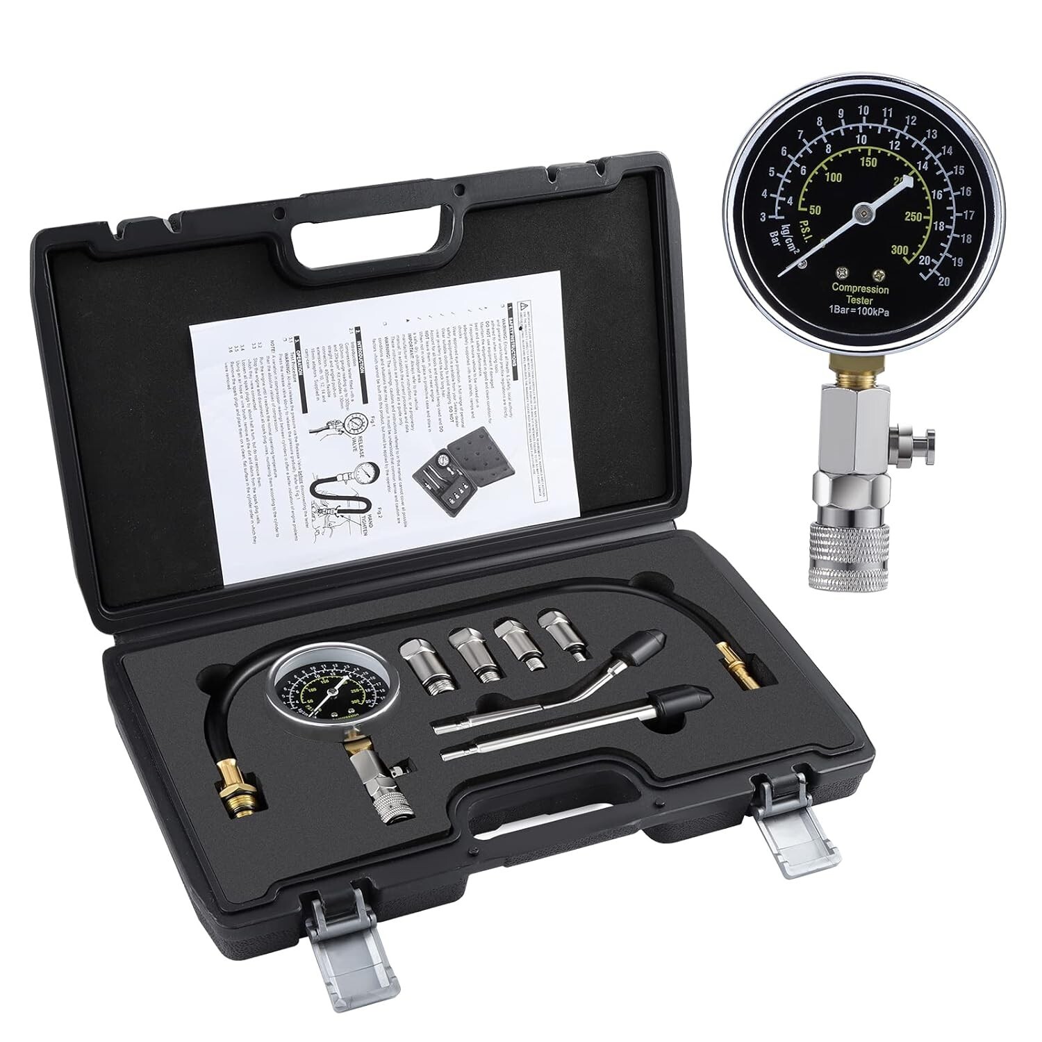 Testeur de compression moteur essence et diesel avec coffret d'outils