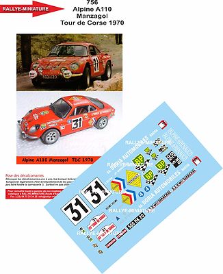 DECALS 1/43 REF 0756 ALPINE RENAULT A110 MANZAGOL TOUR DE CORSE 1970 RALLY