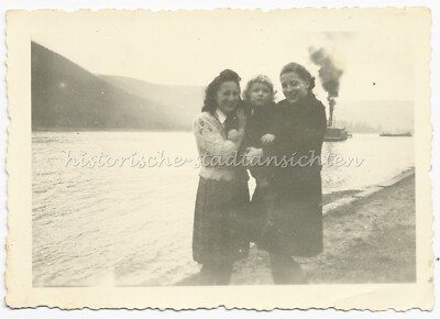 Two Women in Front of Steamer on River - Vintage Photo 1940s