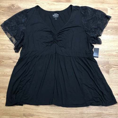 Womens 5X Black Torrid Super Soft Lace Sleeves Trim Babydoll Top Knit Plus