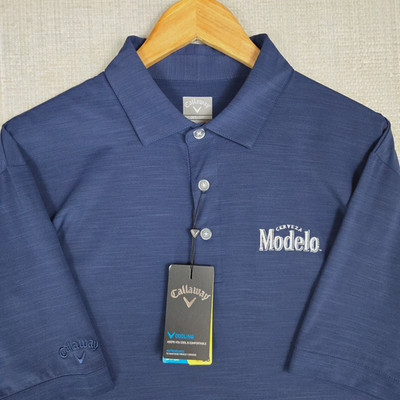 CALLAWAY x MODELO CERVEZA New Mens Large Polo Shirt Blue Space Dye Golf Wicking