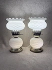 Vintage 3-Way Pair Hurricane Hobnail Milk Glass Lamps 10-1/2"