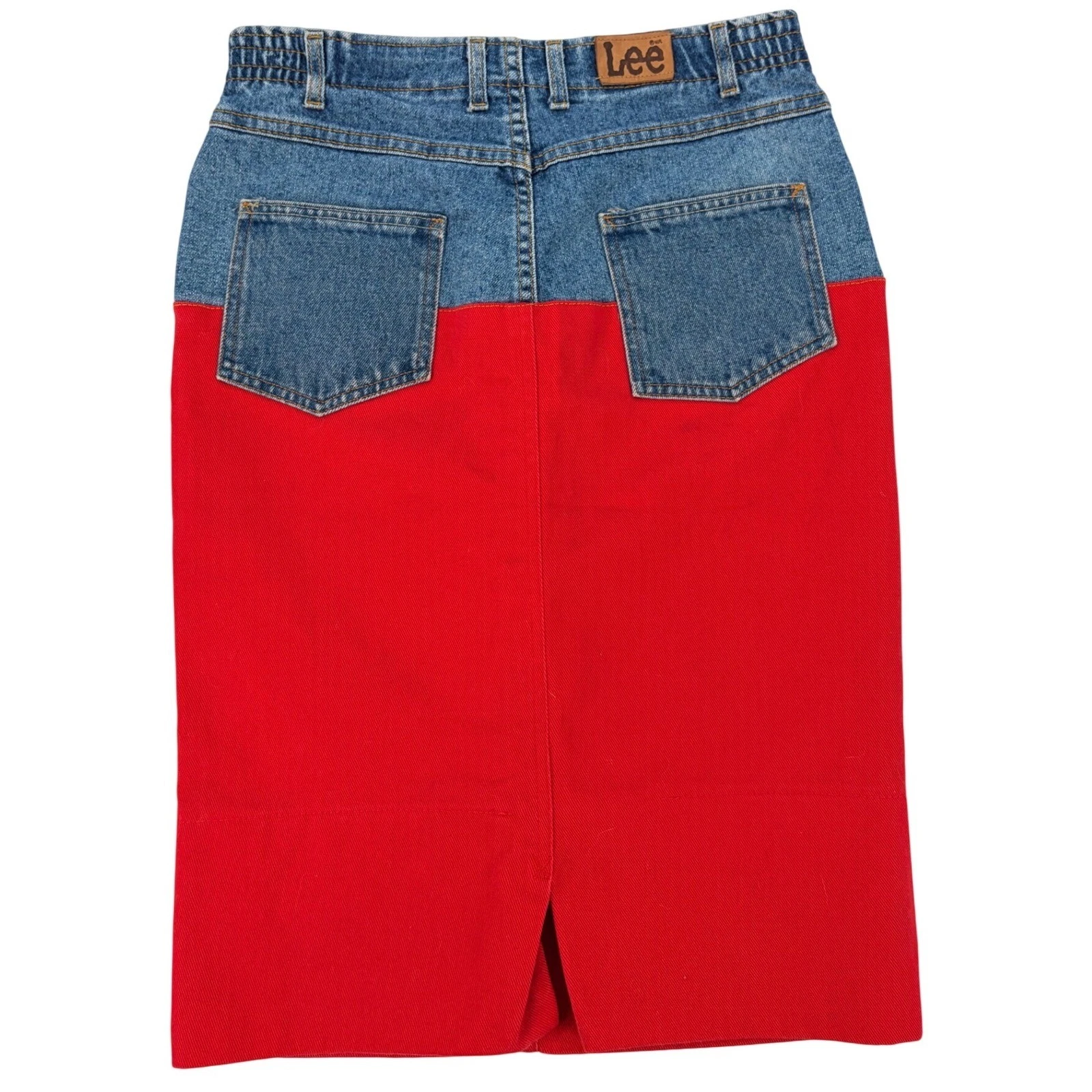 Vintage Lee Made USA Denim Red Color Block Midi Skirt Women's 10 Petite Retro