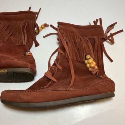 Skechers Size 8 Suede Fringe Flat Moccasin Mid-Calf Lace Up Boot (Rusty Brown)