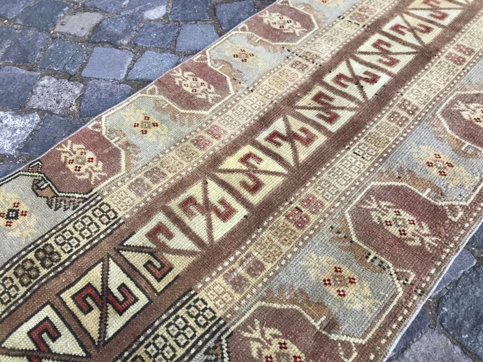 Turkish Vintage Rug Handmade Wool Rug Bohemian Runner Rug 1,9 x 8,4 ft - Image 2 of 4