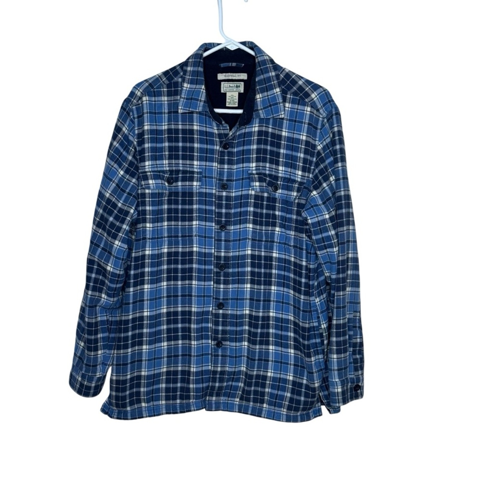 Men's LL Bean Medium Traditional Fit Blue White Fleece Lined Cotton Shirt Jacket
