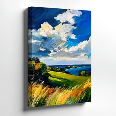 Wall Art Abstract Landscape Painting Blue Sky Clouds Coastal Field Canvas Decor
