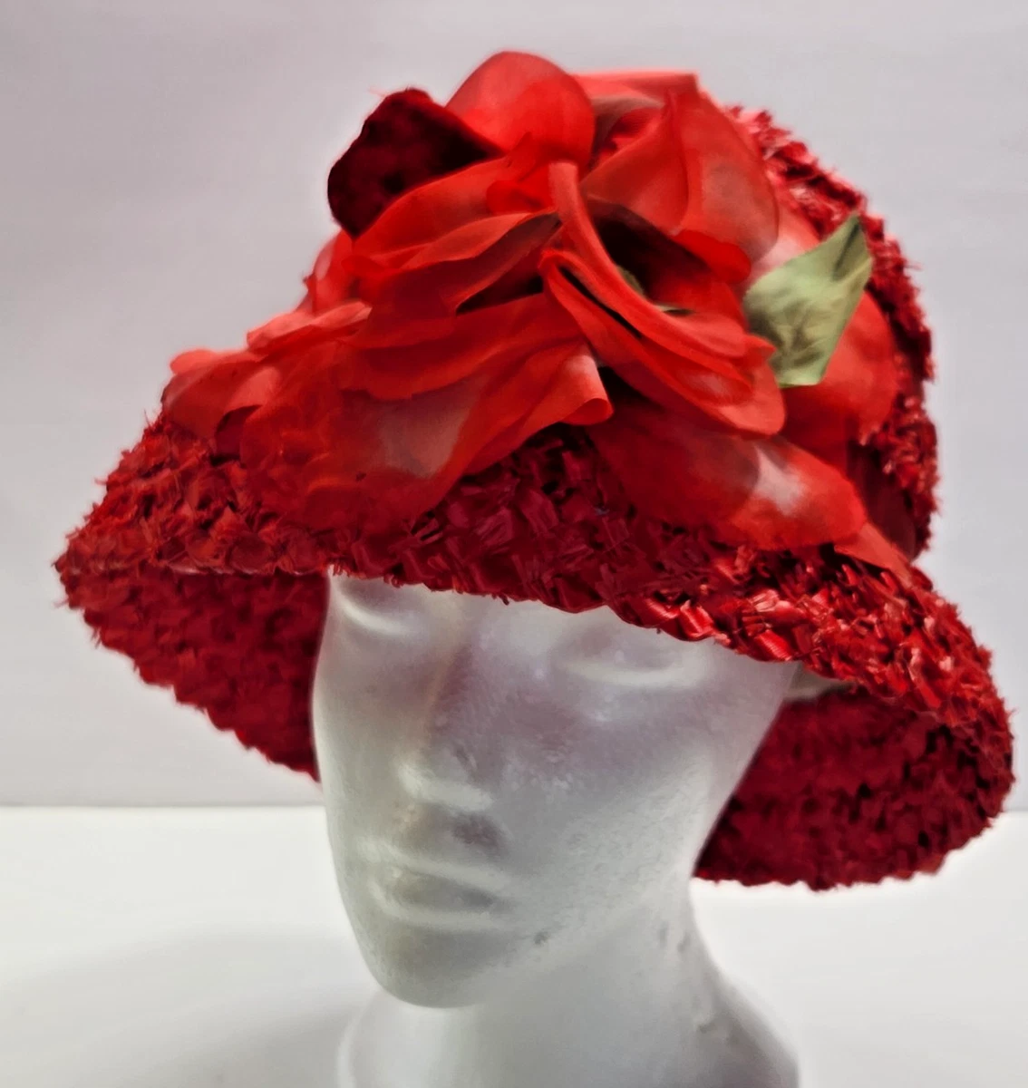 Toucan Collection Red Cloche Women SZ 6 1/2 Vintage With Flower Wool Retro Chic Toucan Collection Red Wool Felt Cloche Hat satin Band  main image 3