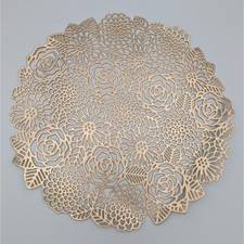 Gold Floral Vinyl Placemat Round Metallic Laser Cut Flower Table Decor 15 Inch