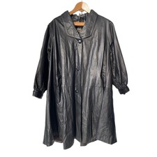 Vintage J.f.s Signature Genuine Leather Swing Coat Jacket Women M Longline Black