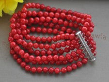 Handmade 6 Rows 6mm Natural Red Coral Round Beads Bangle Bracelet 7.5''