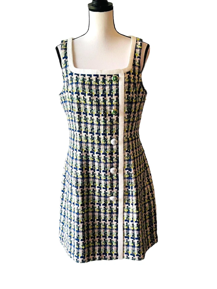 Vestido Kate Spade Talla 10 Enebro Línea Principal Tweed Azul y Verde Tejido Metálico Foto 2 de 4