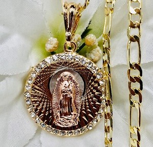 Authentic 14k Gold Plated Marie Of Guadalupe Round Shape Pendant Necklace W/ Figaro #34