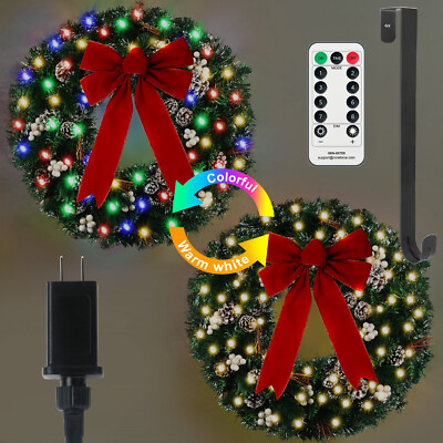 24'' Prelit Christmas Wreath w/ Lights & Timer & Remote For Front Door Christmas 