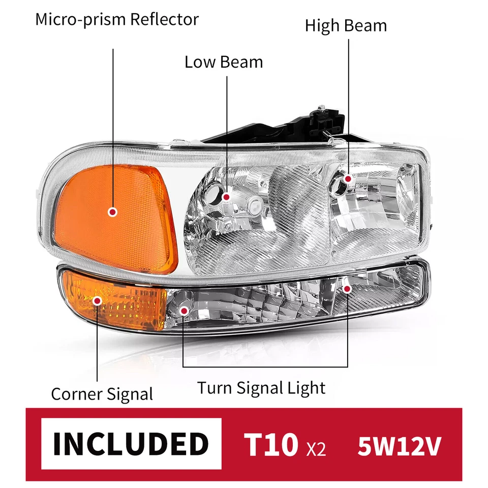 Headlights + Bumper Lamps For GMC Sierra 1500 2500 1999-2007 Yukon XL 2000-2006 - Image 2 of 4
