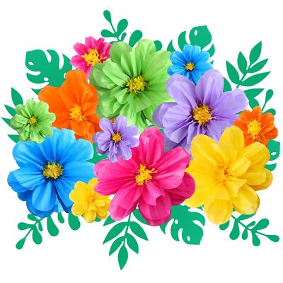 12 Pcs Mexican Fiesta Paper Flowers 10'' 20'' 16 Pcs Leaves Colorful Tissue