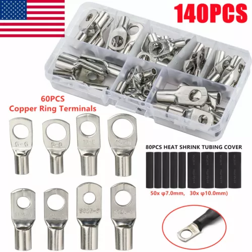 140 STCK. Kupfer Lug Ring Terminals Set Kabel Elektrischer Draht Crimp Verbinder Kit - Bild 2 von 7