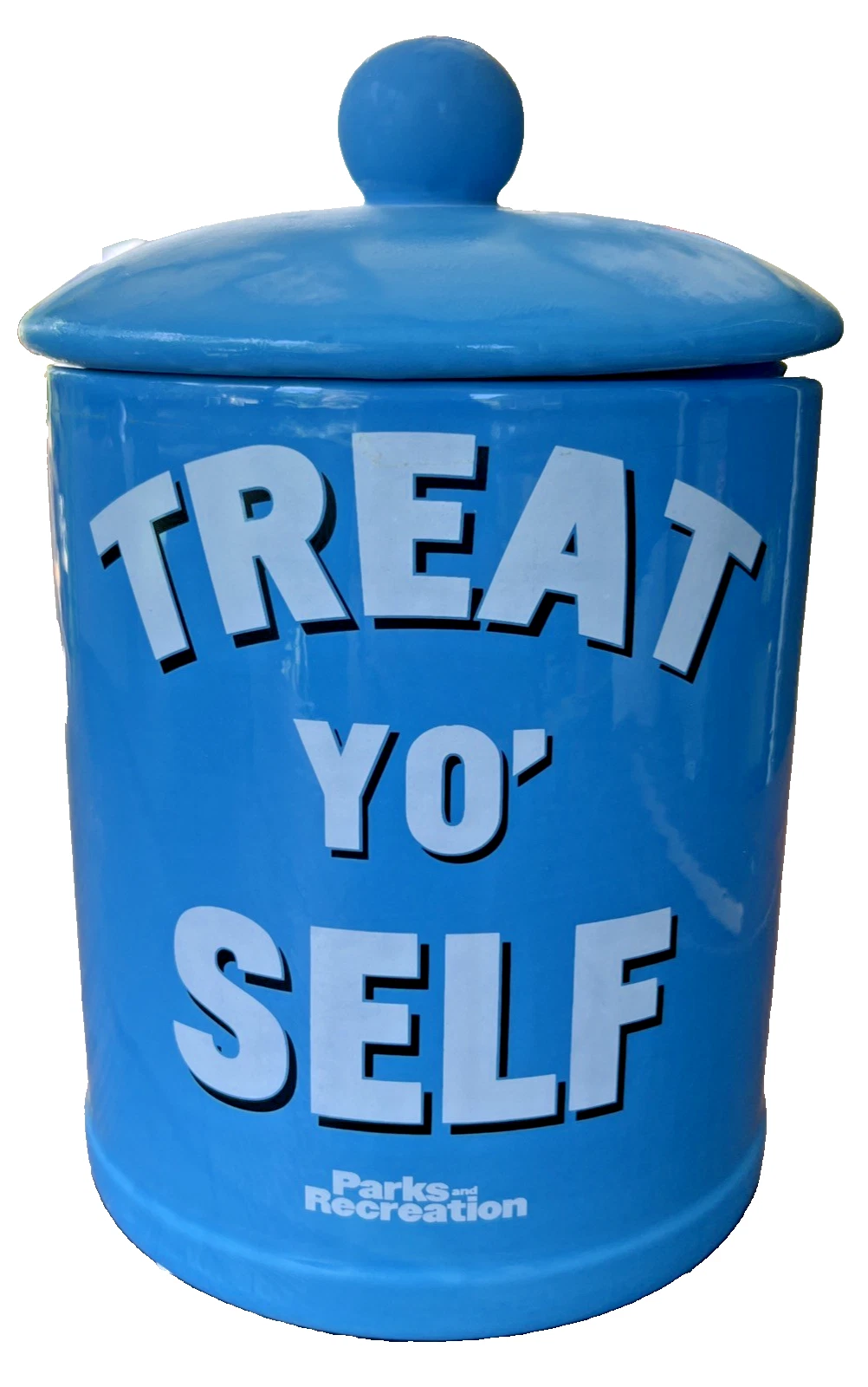 NBC Parks and Recreation Treat Yo' Self Jar Canister Blue & White 10"