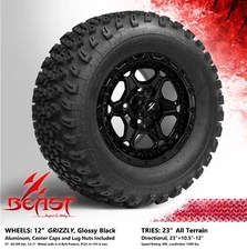 4x GOLF CART 12" BLACK 'GRIZZLY' WHEELS and 23"x10.5"-12" ALL-TERRIAN TIRES