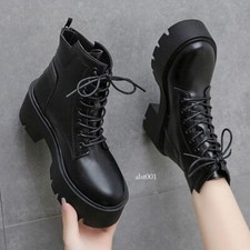 Womens Punk Ankle Boots Casual Lace Up Chunky Mid Heels Platform Combat Shoes