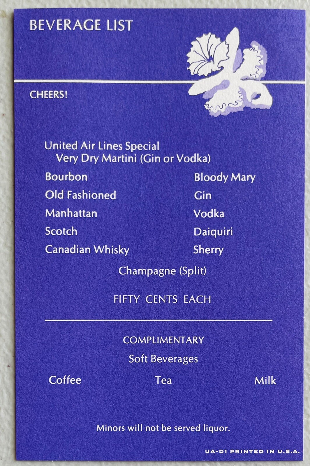 United Airlines Beverage Menu Hawaii Service Economy Class ca