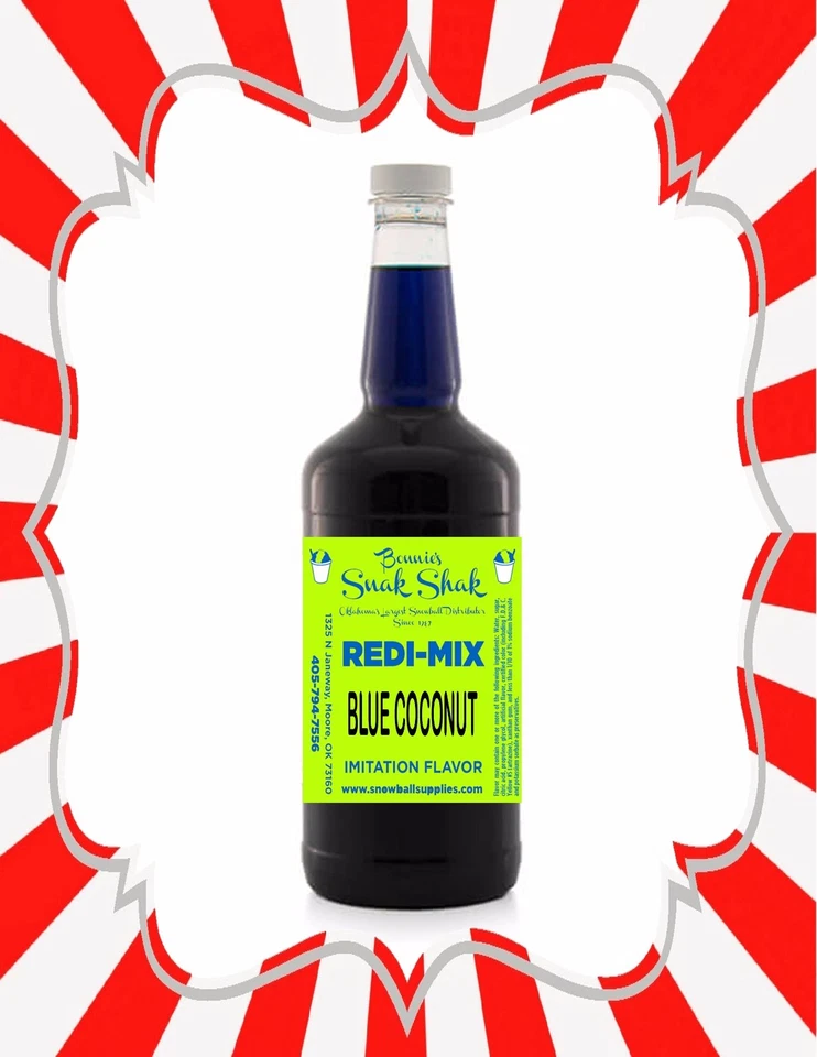 BONNIES SNAK SHAK Shaved Ice Syrup - BLUE COCONUT FLAVOR IN LONGNECK QUART SIZE #1SNOBALL
