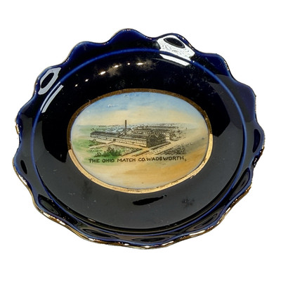 OHIO MATCH CO. WADEWORTH Antique Souvenir Cobalt Blue Porcelain Dish Trinket