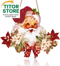 Vintage Style Santa Claus Welcome Sign - Wooden Hanging Sign for Front Door Xmas