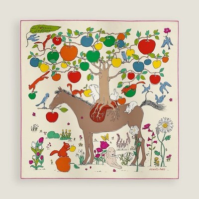 BWT HERMES Le Pommier Sellier Scarf 90cm Horse Tree Apple Animal Flower Silk Box