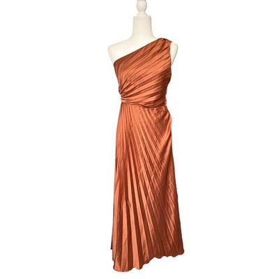 open lace back dress Duntery Pleated One Shoulder Soft Satin Dresses with Slit, Terracotta main image 0
