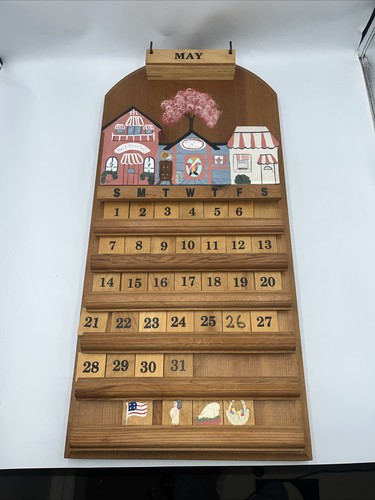 1990 Vintage Wooden Perpetual Wall Calendar Farmhouse Village Decor