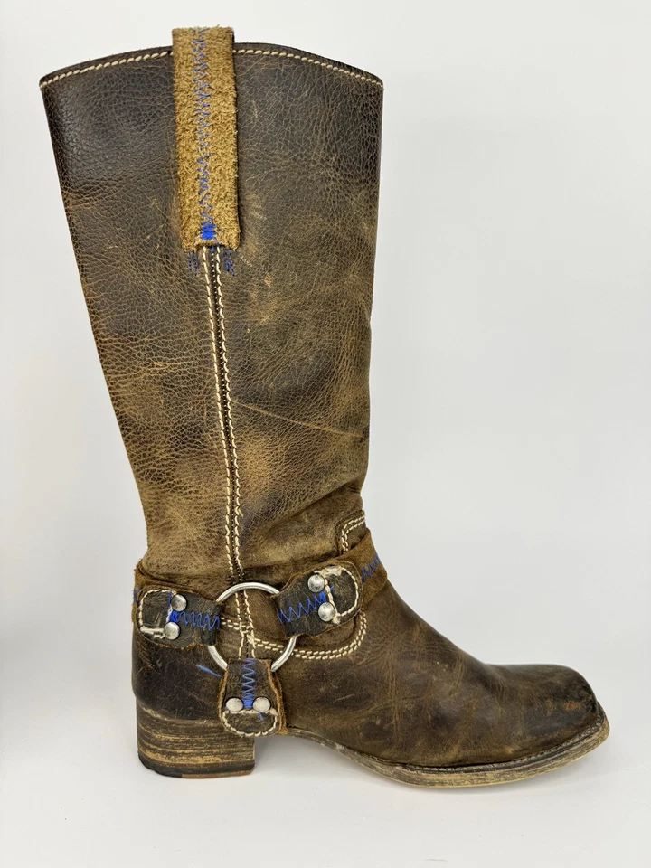 Bed|Stü Mujeres Cuero Arnés Botas 7 Marrón Envejecido Western Moto Hechas en México Foto 3 de 4