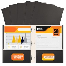 50 Pack Black Paper 2 Pocket Folders, Prongs, 3 Metal Clips, Letter Size, Matte