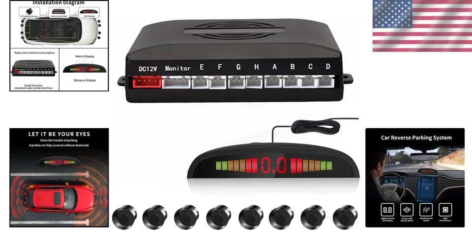 Car Reverse Parking Radar System 8 Sensors LED Display Sound Warning Easy DIY - Image 2 of 4