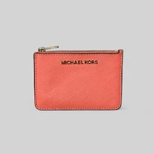 Michael Kors Leather Jet Set Small ID Chain Card Holder Coin Purse Pink/Salmon