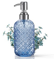 14oz Refillable Blue Glass Bottle Soap Dispenser With Plastic Silver Pump Top