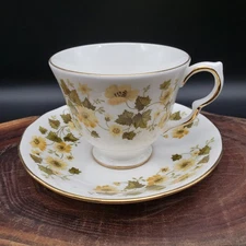 Vintage Queen Anne Bone China Teacup & Saucer Set Yellow Floral #8643 England