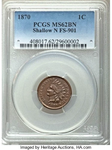 1870 Indian Cent "Shallow N" PCGS MS-62 BN, FS 901