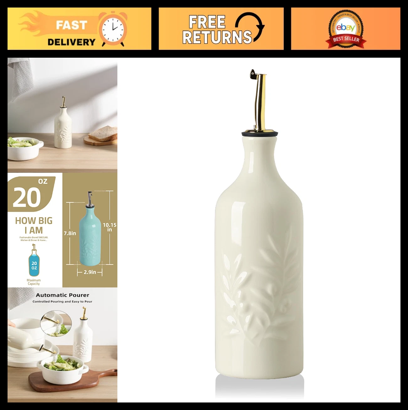Ceramic Olive Oil Dispenser Bottle 20 Oz - Opaque Cruet for Vinegar, Soy Sauce,