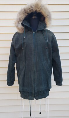IZZI Green Suede Jacket Women S, Hood w/Faux Fur Vintage