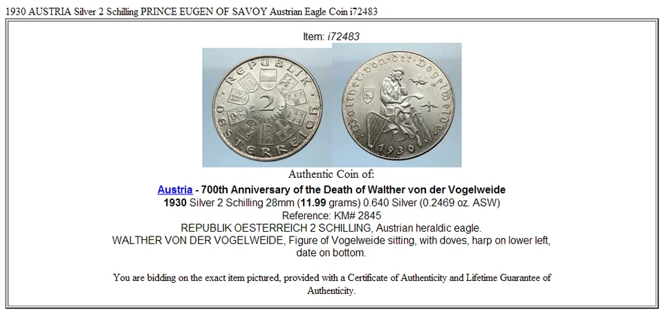 1930 AUSTRIA Silver 2 Schilling PRINCE EUGEN OF SAVOY Austrian Eagle Coin i72483 - Image 3 of 3